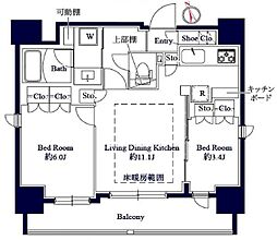 グランパセオ八丁堀2 6階2LDKの間取り