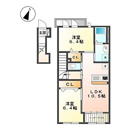 ハーモニーヒルズ 2階2LDKの間取り