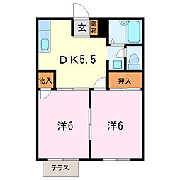 エルディム明日香 2DKの間取図画像