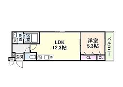 フジパレス御陵通りII番館 3階1LDKの間取り