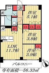 都営新宿線 瑞江駅 徒歩8分の賃貸マンション 2階3LDKの間取り