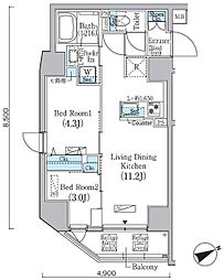 プライムブリス蔵前 9階2LDKの間取り