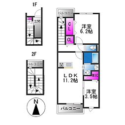 アルカディア平野郷 2LDKの間取図画像
