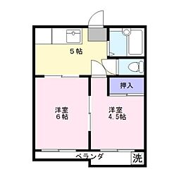 西武拝島線 武蔵砂川駅 徒歩10分の賃貸マンション 5階2DKの間取り