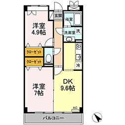 グランディールはるひ野 2DKの間取図画像