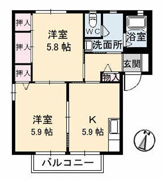 サリーレ太陽II　　Ｃ棟 C0106｜岡山県倉敷市玉島長尾(賃貸アパート2K・1階・43.75㎡)の写真 その2