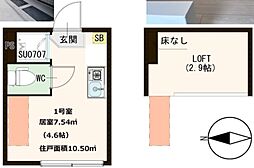 ハーモニーテラス西尾久III 1階ワンルームの間取り