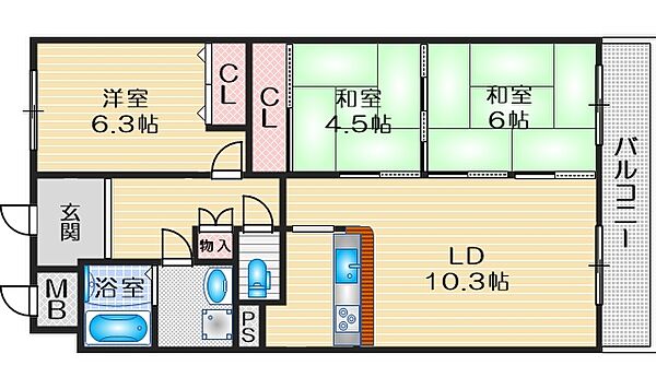 パインコート江坂1 ｜大阪府吹田市江坂町２丁目(賃貸マンション3LDK・3階・66.00㎡)の写真 その2