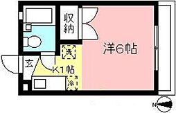 セジュール調布Ａ棟 2階1Kの間取り
