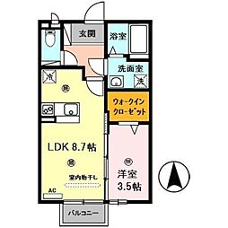 グランディールII 2階1LDKの間取り