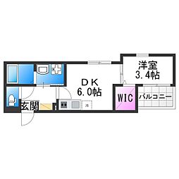 ハーモニーテラス住吉II 2階1DKの間取り