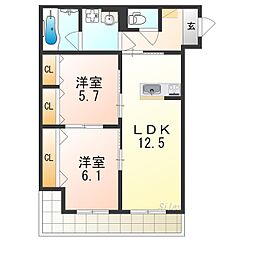南海線 高石駅 徒歩10分の賃貸アパート 3階2LDKの間取り
