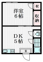 荻荘 2階1DKの間取り