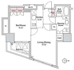 パークキューブ八丁堀 3階1LDKの間取り