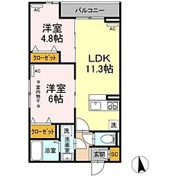 Dフラット台町 3階2LDKの間取り
