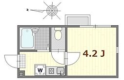 シャンテ四ツ木 2階1Kの間取り