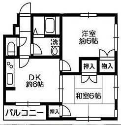 サンスクエアTSURUMI 3階2DKの間取り