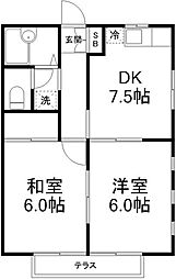 フォンテーヌD 1階2DKの間取り