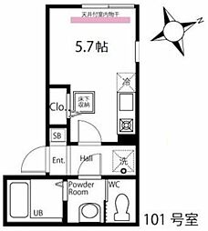 ハーミットクラブハウスヴァンキャトル鶴見 1階ワンルームの間取り