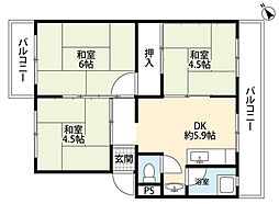 シーサイド貝掛マンションB棟 3DKの間取図画像