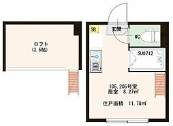 ハーモニーテラス上池袋II 2階ワンルームの間取り