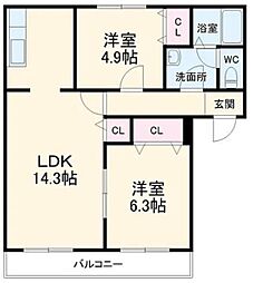 アルファコート流山 2階2LDKの間取り