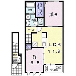 南海加太線 東松江駅 徒歩18分の賃貸アパート 2階2LDKの間取り