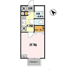 パセオ西之町 2階1Kの間取り