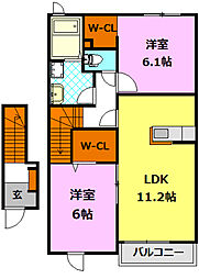 JR水戸線 新治駅 徒歩4分の賃貸アパート 2階2LDKの間取り