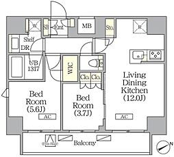 ジオエント町屋 10階2LDKの間取り