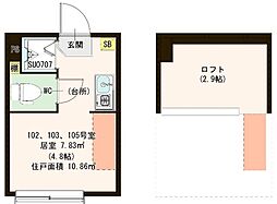 ハーモニーテラス平和台 1階ワンルームの間取り