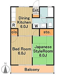 多摩都市モノレール 大塚・帝京大学駅 徒歩15分の賃貸アパート 1階2DKの間取り