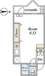 クリオネコート新城 5階ワンルームの間取り