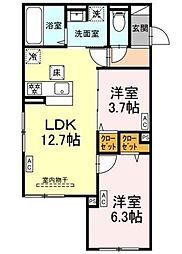 セレスティア扇V 1階2LDKの間取り