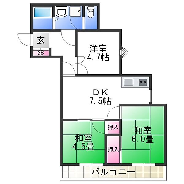 グレースハイム上住吉 ｜大阪府大阪市住吉区上住吉２丁目(賃貸マンション3DK・3階・53.00㎡)の写真 その2