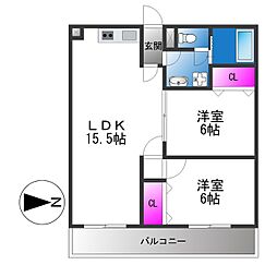 グローハイツ瓜破 2LDKの間取図画像