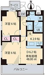Sunny Garden 3階2DKの間取り