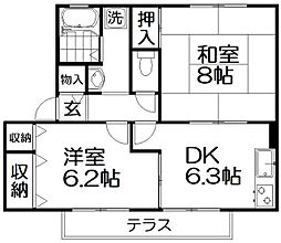 プランドール南楠葉B棟 2DKの間取図画像