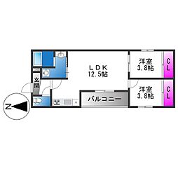 東大阪市下六万寺町3丁目アパート 2LDKの間取図画像