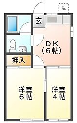 JR中央線 東小金井駅 徒歩15分の賃貸アパート 2階2DKの間取り