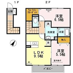 イソラ フェリジェII 2階2DKの間取り