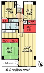 JR総武線 下総中山駅 徒歩8分の賃貸マンション 2階3LDKの間取り
