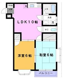 クレセント・ドヌール D号棟 2階2DKの間取り