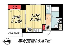 JR総武線 船橋駅 徒歩5分の賃貸マンション 2階1LDKの間取り