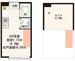 ハーモニーテラス桜上水III 1階ワンルームの間取り