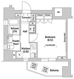 ソアラノーム大岡山 6階1Kの間取り