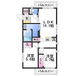 ベレオ黒田ＳＯＵＴＨ 3階2LDKの間取り