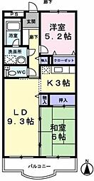 レジュール鶴ヶ島 3階2LDKの間取り