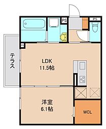 サニーハイツB 2階1LDKの間取り