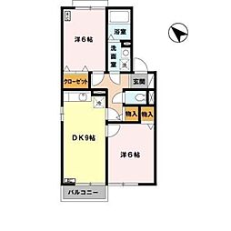 パインズコート 2階2DKの間取り